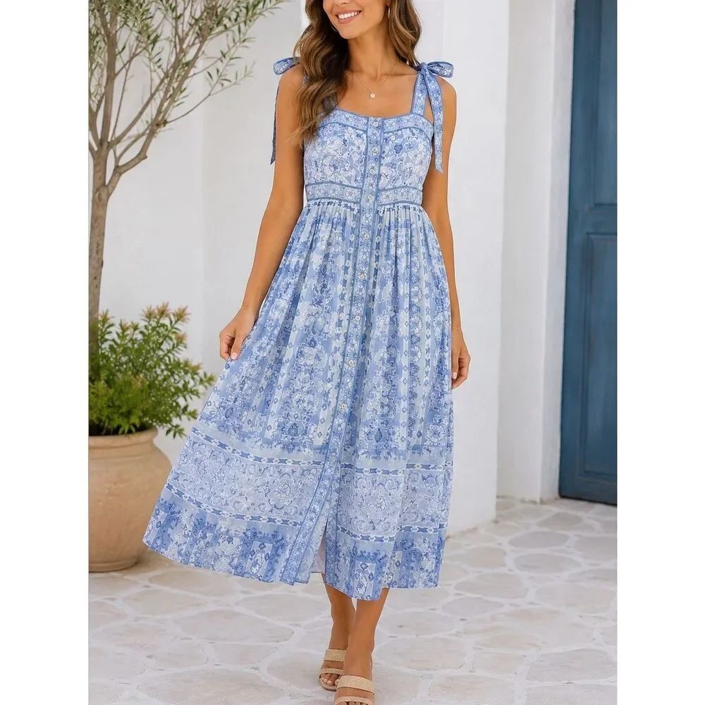 Gretchen Scott Fun In the Sun Blue Floral Tie Strap Maxi Dress Button Front XXS